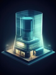 A nuclear power plant icon with translucent glass isometric view. Generative AI