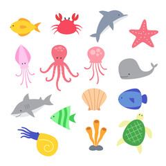 Set of sea animals flat design illustration
