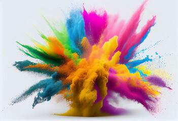 Bright Multicolored powder dust explosion isolated on white background. Vibrant. Colorful splash. Generative AI
