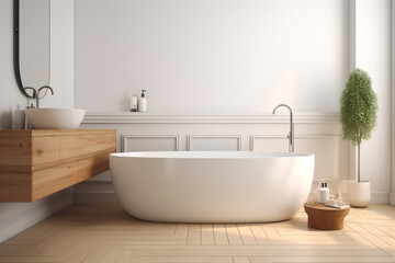 Obraz na płótnie Canvas Minimalistic bathroom in white & beige, wooden sink counter, freestanding bathtub, Japanese retro styling, minimalism. generative ai