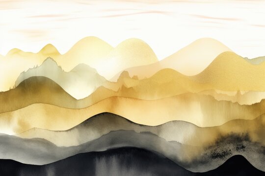 Mountain and wave shaped abstract watercolor or pastel gradient in gold and black - Generative AI