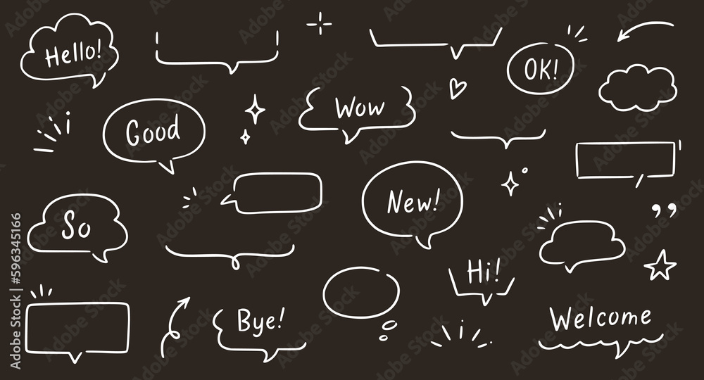Poster Balloon text frame decoration set chalkboard background. Simple hand drawn pen line speech bubble, cloud, balloon frame for text border. Doodle elegant dialog bubble. Vector illustration