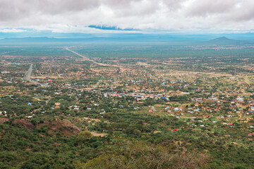Aerial view of Longido Township in rural Tanzania