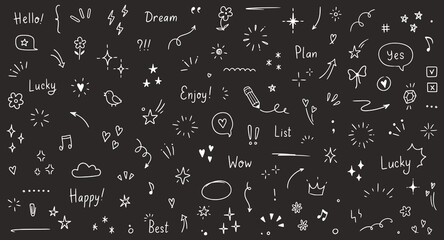Doodle cute glitter pen line elements chalkboard. Doodle heart, arrow, star, sparkle decoration symbol set icon. Simple sketch line style emphasis, attention, pattern elements. Vector illustration