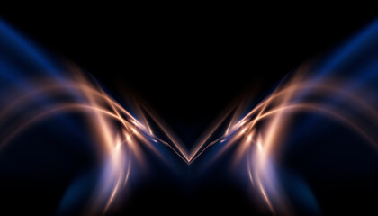 Dark blue neon light with rays of gold abstract night empty scene. The effects of light in the dark. 