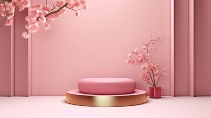 background, pink podium display. Sakura pink flower tree branch with frame. Cosmetic or beauty product promotion step floral pedestal. generative ai