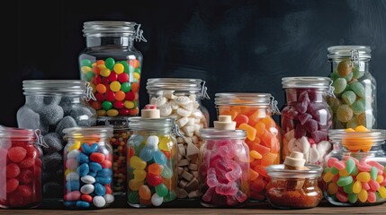 Fototapeta na wymiar Assortment of colorful candies displayed in glass jars, evoking nostalgia and sweetness, generative ai