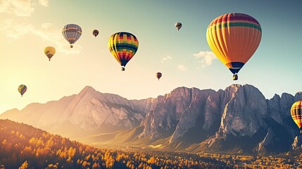 Colorful hot air balloons floating gracefully above a picturesque mountain range during a vibrant sunset, generative ai