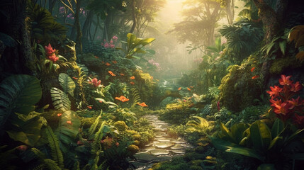Obraz na płótnie Canvas dreamy surreal fantasy landscape , lush vegetation and flowers, generative ai 