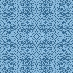 Monochrome blue ornament seamless pattern. Lace allover print. Oriental motif