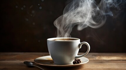  Freshly brewed coffee in a stylish mug with aromatic steam swirling above, set against a warm, rustic background, generative ai