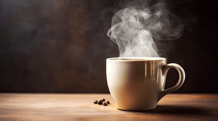  Freshly brewed coffee in a stylish mug with aromatic steam swirling above, set against a warm, rustic background, generative ai - obrazy, fototapety, plakaty
