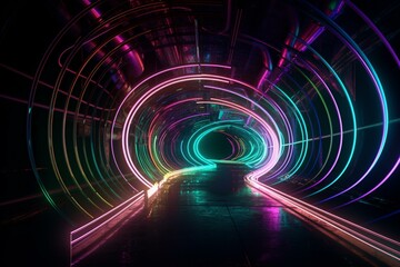 Fototapeta premium 3D rendered tunnel with neon curves in blue, purple, and green. Generative AI