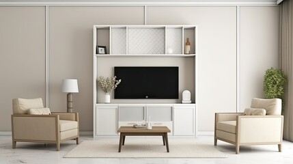  Living room interior have cabinet for tv and leather armchair in white room. generative ai