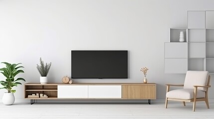  Living room interior have cabinet for tv and leather armchair in white room. generative ai