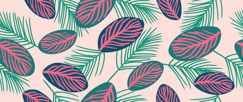 Vector illustration. Modern colorful tropical leaf pattern. Cute abstract seamless pattern. Perfect for print, textile, cover, card, poster and more.
