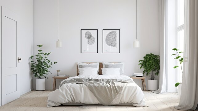 Minimalistic Scandinavian bedroom with a comfortable bed, soft linens, and neutral tones, complemented by a touch of greenery, generative ai