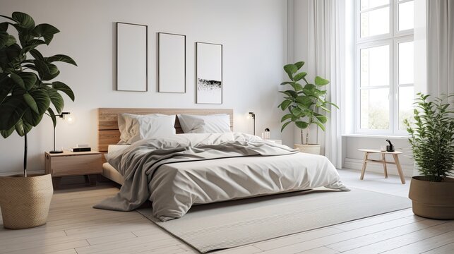  Minimalistic Scandinavian bedroom with a comfortable bed, soft linens, and neutral tones, complemented by a touch of greenery, generative ai