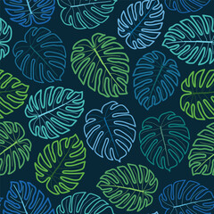 Fototapeta na wymiar Tropical monstera deliciosa leaves dainty floral seamless surface pattern. Exquisite allover print foliage repeat texture background