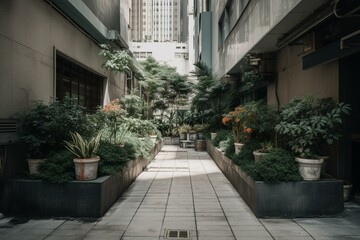 Ground level of buildings with entrances and greenery in planters. Generative AI