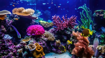 Fototapeta na wymiar Vibrant and colorful underwater scene at an aquarium, showcasing diverse marine life swimming harmoniously, generative ai