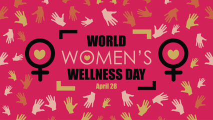 World Women's Wellness Day vector horizontal banner design with typography tittle. hands icon pattern, heart shape, sex and gender symbol for women and pink and yellow colors.  simple modern poster.