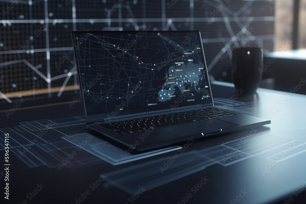 Poster analytics and big data technology concepts with laptop and network visualization, generative ai