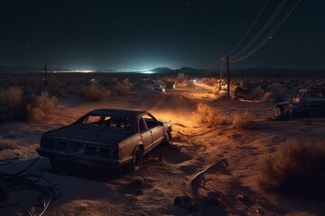 Obraz na płótnie Canvas Eerie desert highway at night with abandoned cars and rusty debris. 3D-rendered mystique. Generative AI