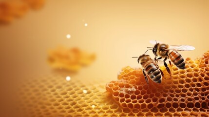 Honeycomb with bees and honey background with space for copy. Generative AI