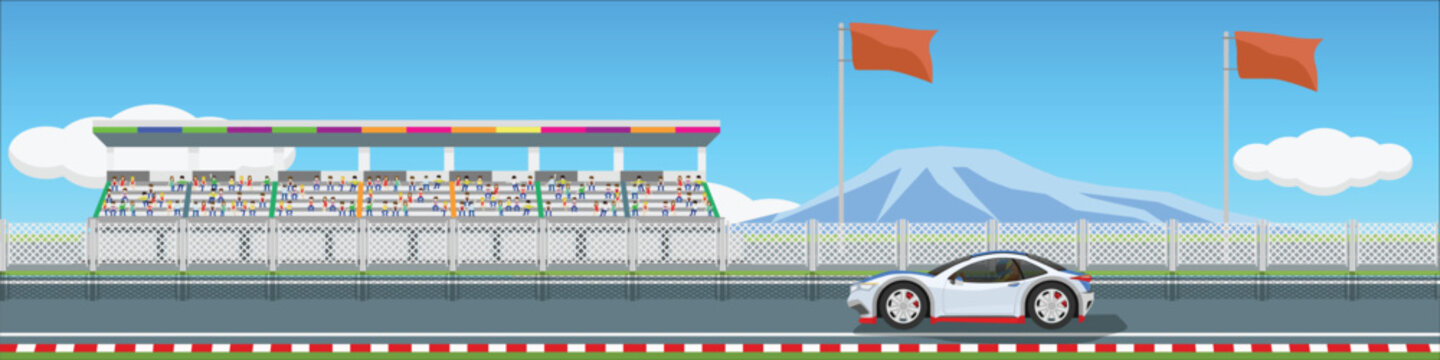 Super car on race track of for banner. Background of stadiums and cheerleaders and a blurry image of a mountains. Copy Space Flat Vector Illustration.
