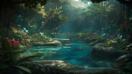 dreamy fantasy lake  in deep jungle lush vegetation and flowers , generative ai 