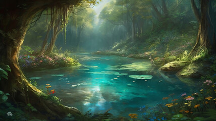 dreamy fantasy lake  in deep jungle lush vegetation and flowers , generative ai 