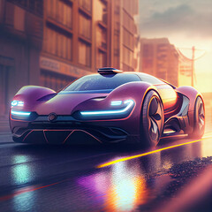 futuristic sports supercar in the rays of the setting sun in a modern city