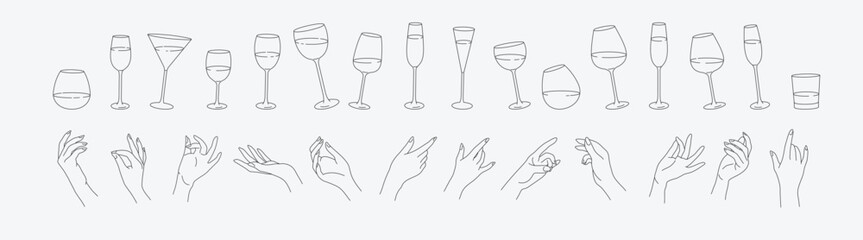 Collection of different woman hands gestures hold wineglass or drink cocktails. Minimal linear trendy style. Line icons or symbol of female hand for logo in restaurant or bar. Vector - 596348578