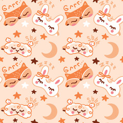 Sleep mask in the form of cute animal faces, sheep, rabbit and fox. Seamless pattern. Vector.