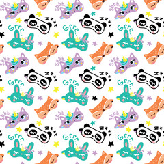 Sleep mask in the form of cute animal faces, fox, rabbit and unicorn. Seamless pattern. Vector.