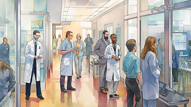 Illustration of a group of doctors and nurses in a hospital corridor. Generative AI