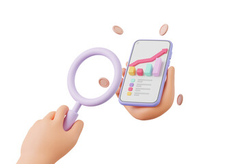 3D Magnifying search data for investment, Cartoon hand holding smartphone using crypto trading graph symbol, investment stock market, 3D rendering illustration