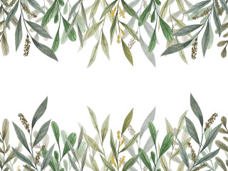 Greenery seamless double border isolated on white background. Wallpaper from pattern with herb and bushes branches with leaves in watercolor stylization. Hand drawn watercolor clipart.