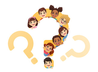 Smiling cute kids boys and girls looking from question mark isolated vector illustration. Multiethnic happy children heads on yellow background.