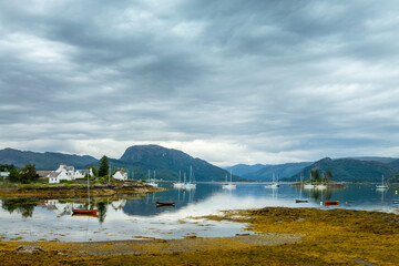 Scenic landscape of Loch Carron and the village of Plockton in North  West Highlands, Scotland, UK