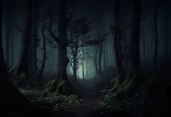 Enchanted forest, Mystic Forest, Dark Woods, Trees at night, unreal, sci-fi, fairies