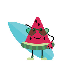 Funny surfer watermelon slice. Summer illustration in cartoon style. Vector