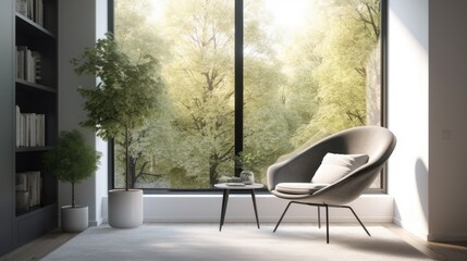 Charming and inviting reading nook with a sleek modern chair, a fluffy shag rug. Generative AI