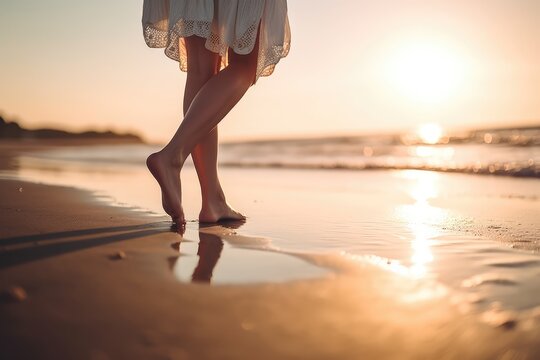 Famale bare feet walk along beach at sunset. Generative AI