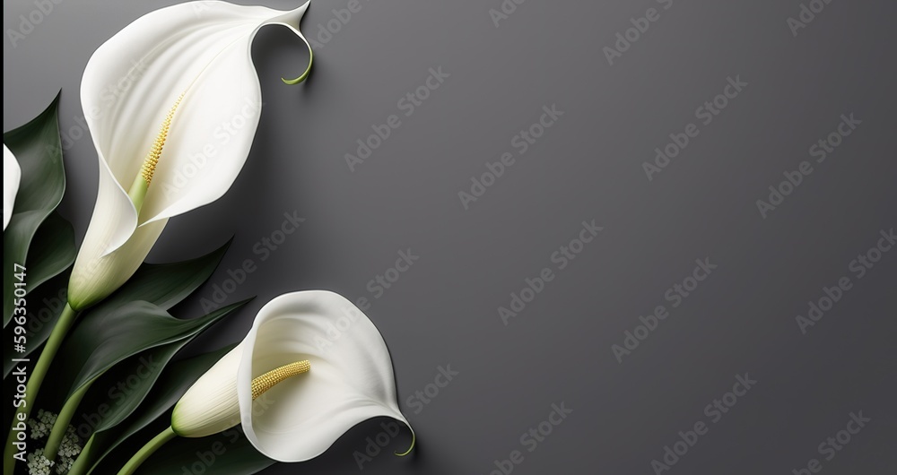 Wall mural copy space and top view of white calla lilies on a grey backdrop. generative ai