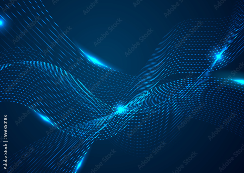 Poster blue glowing wavy dotted lines abstract hi-tech background. vector design
