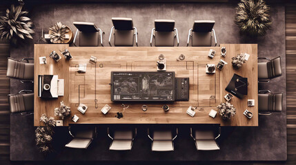 A high-angle view of a modern conference room with a wooden conference table as the focal point, Created with generative Ai Technology.