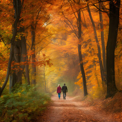 Fototapeta na wymiar walk in the autumn forest