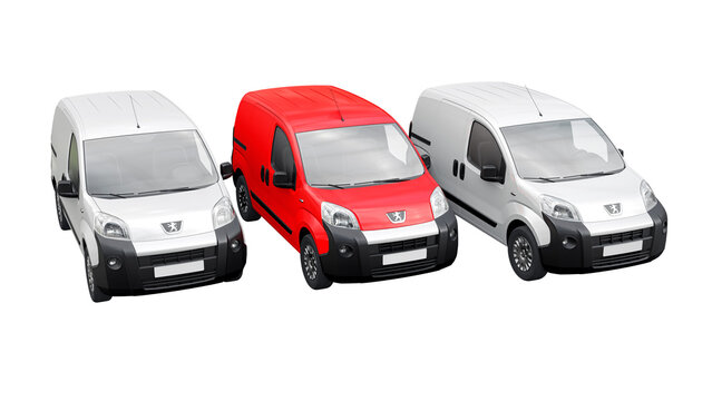 Paris, France. April 25, 2023. Peugeot Bipper. Three cars on a Transparent background. A small commercial car-based delivery van for the narrow streets of old towns. 3d rendering
